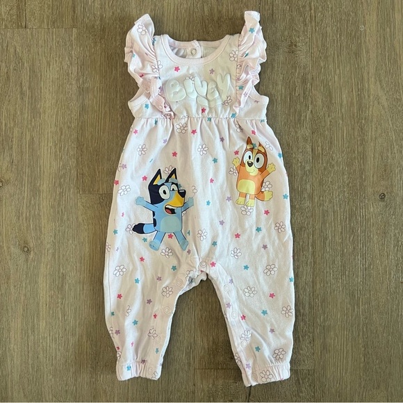 Bluey Other - Bluey Baby Girl Ruffle Jumpsuit - Pink Floral - 3/6M